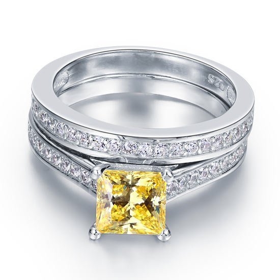 1.5 Ct Princess Cut Yellow Canary Solid 925 Sterling Silver 2 Pcs Wedding Ring Set