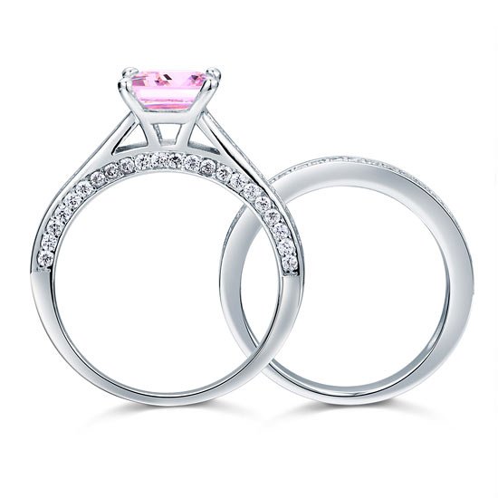 1.5 Carat Princess Cut 2 Pc Fancy Pink Created Diamond Wedding Engagement Ring Set