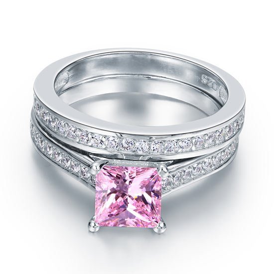 1.5 Carat Princess Cut 2 Pc Fancy Pink Created Diamond Wedding Engagement Ring Set