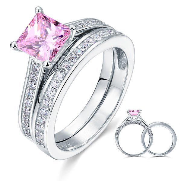 1.5 Carat Princess Cut 2 Pc Fancy Pink Created Diamond Wedding Engagement Ring Set
