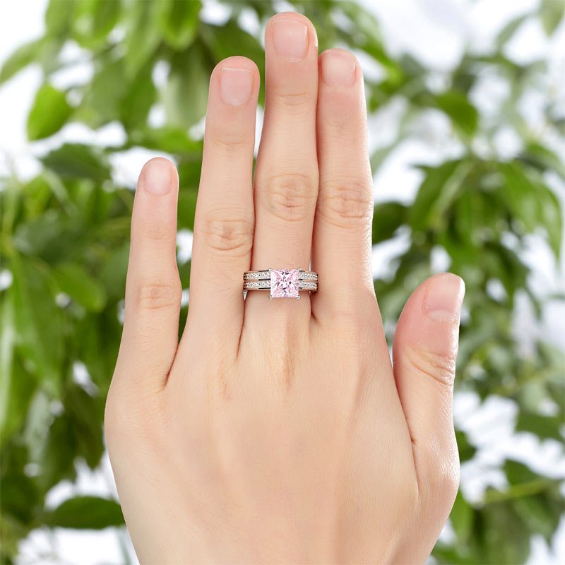 1.5 Carat Princess Cut 2 Pc Fancy Pink Created Diamond Wedding Engagement Ring Set