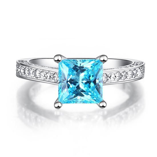 Carat Princess Cut Fancy Blue Created Diamond 925 Sterling Silver Wedding Engagement Ring