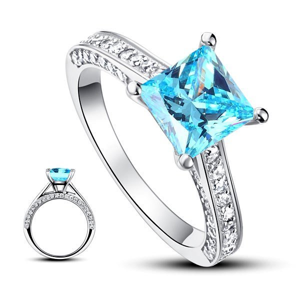 Carat Princess Cut Fancy Blue Created Diamond 925 Sterling Silver Wedding Engagement Ring