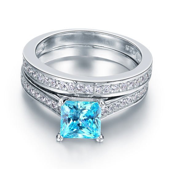 1.5 Carat Princess Cut 2 Pcs Fancy Blue Created Diamond 925 Sterling Silver Wedding Engagement Ring Set