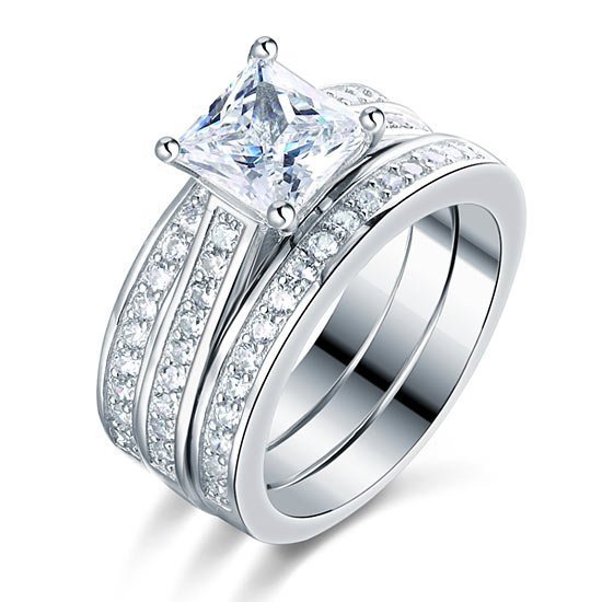 Sterling Silver 3 Pcs Wedding Engagement Ring Set Created Diamond