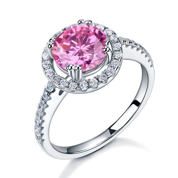 Sterling Silver Wedding Engagement Halo Ring 2 Carat Fancy Pink Created Diamond