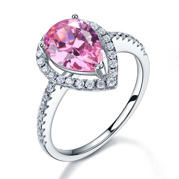 Sterling 925 Silver Wedding Engagement Ring Pear Fancy Pink Created Diamond Jewellery