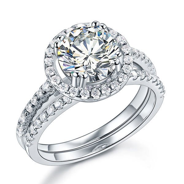 Sterling Silver Wedding Halo Ring Set 2 Carat Created Diamond