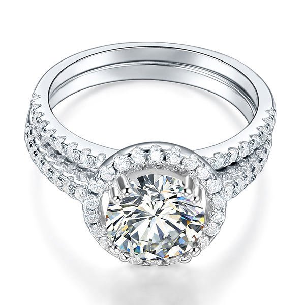 Sterling Silver Wedding Halo Ring Set 2 Carat Created Diamond