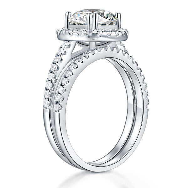 Sterling Silver Wedding Halo Ring Set 2 Carat Created Diamond
