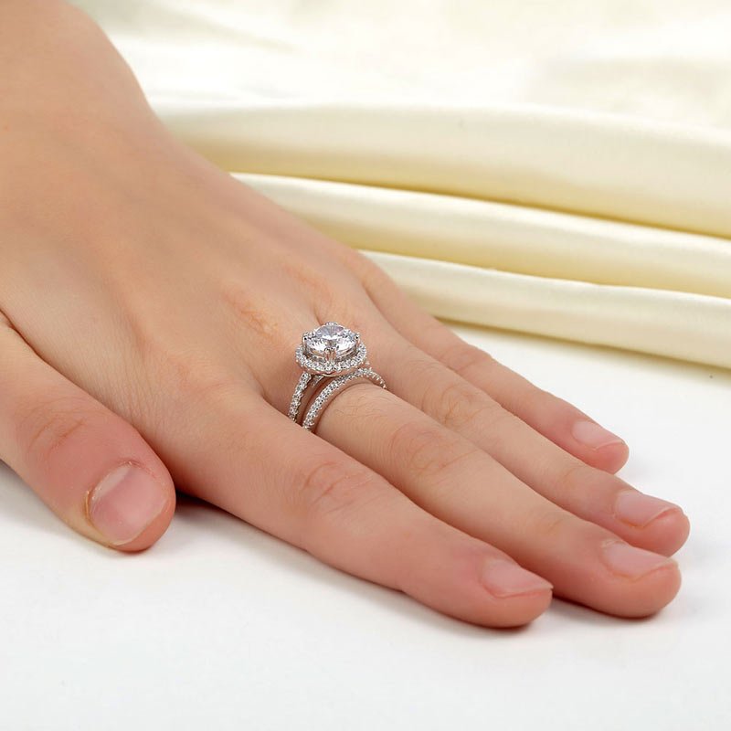 Sterling Silver Wedding Halo Ring Set 2 Carat Created Diamond