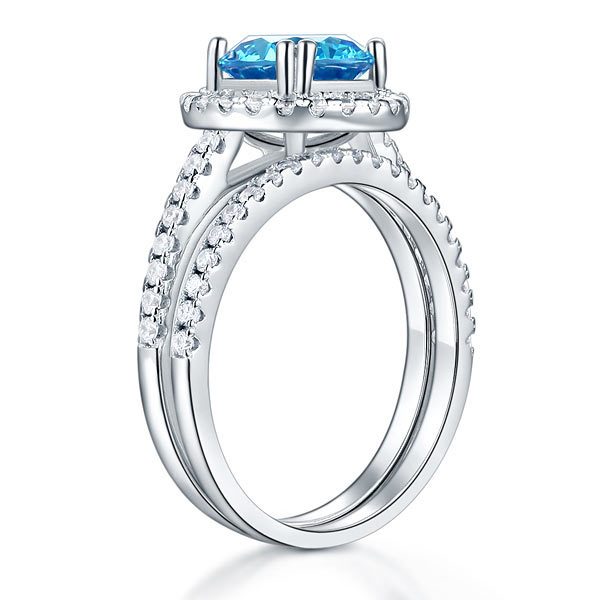 Sterling Silver Wedding Engagement Halo Ring Set 2 Carat Blue Created Diamond