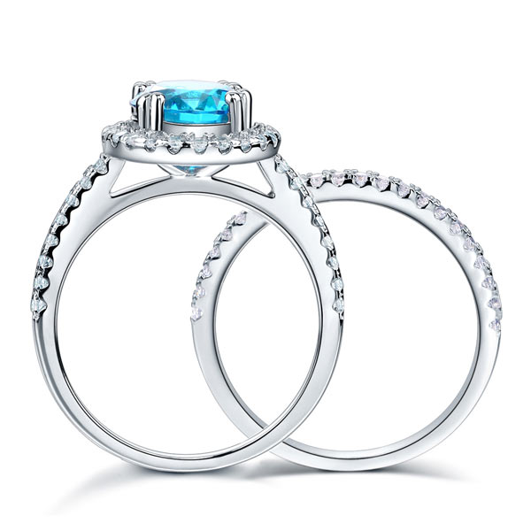 Sterling Silver Wedding Engagement Halo Ring Set 2 Carat Blue Created Diamond
