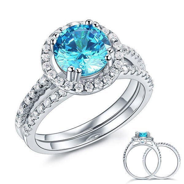 Sterling Silver Wedding Engagement Halo Ring Set 2 Carat Blue Created Diamond