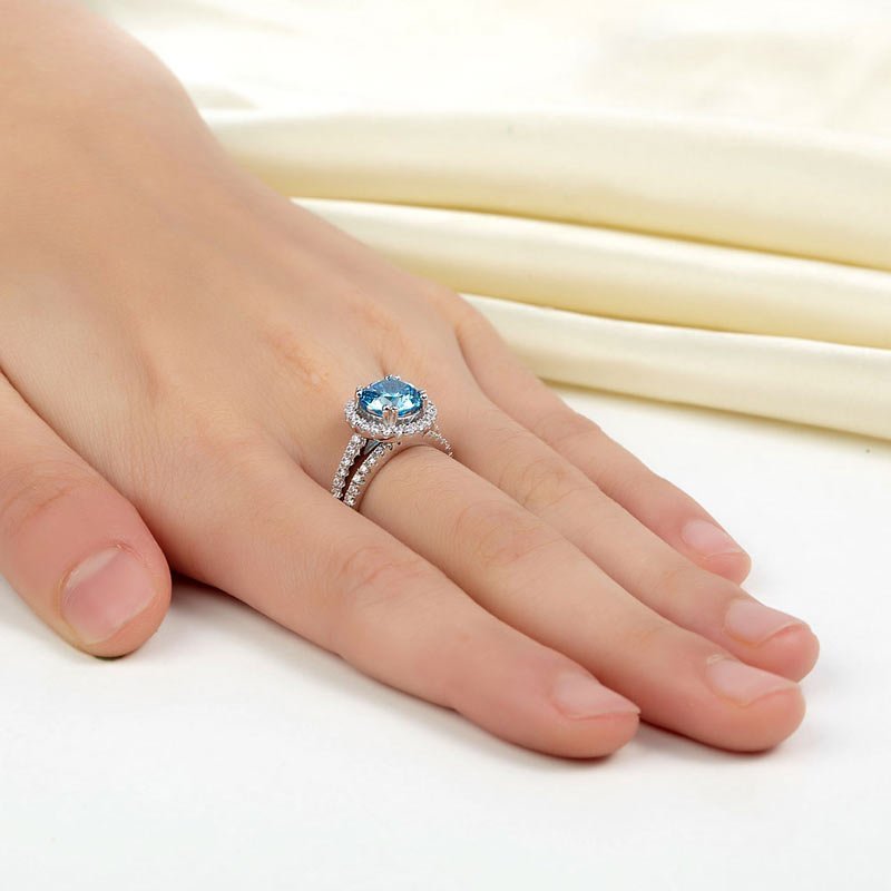 Sterling Silver Wedding Engagement Halo Ring Set 2 Carat Blue Created Diamond