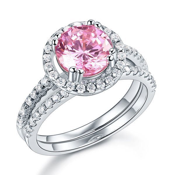Sterling Silver Wedding Engagement Halo Ring Set 2 Carat Pink Created Diamond Wedding Jewellery