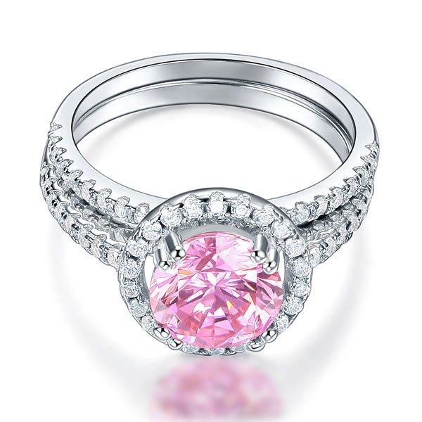 Sterling Silver Wedding Engagement Halo Ring Set 2 Carat Pink Created Diamond Wedding Jewellery