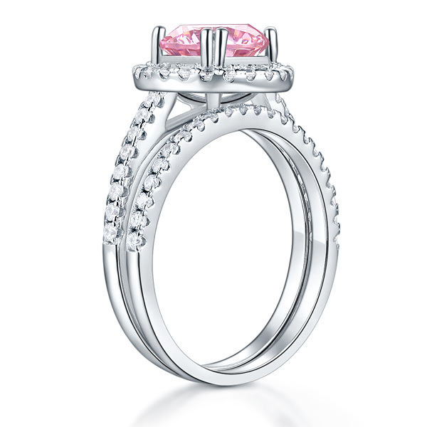 Sterling Silver Wedding Engagement Halo Ring Set 2 Carat Pink Created Diamond Wedding Jewellery