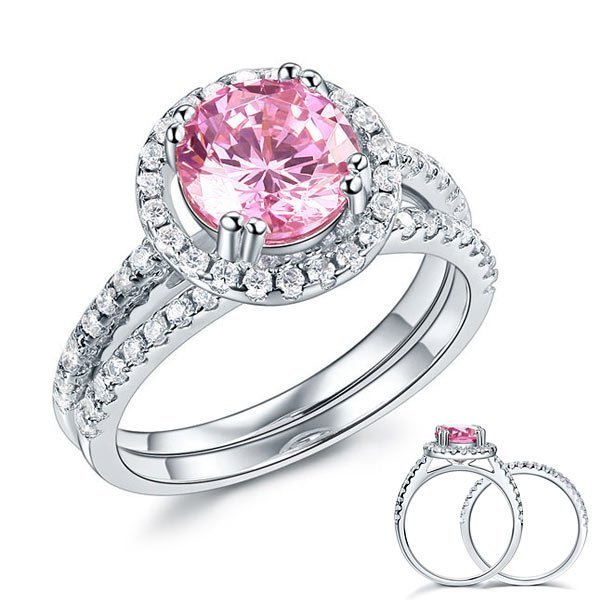 Sterling Silver Wedding Engagement Halo Ring Set 2 Carat Pink Created Diamond Wedding Jewellery