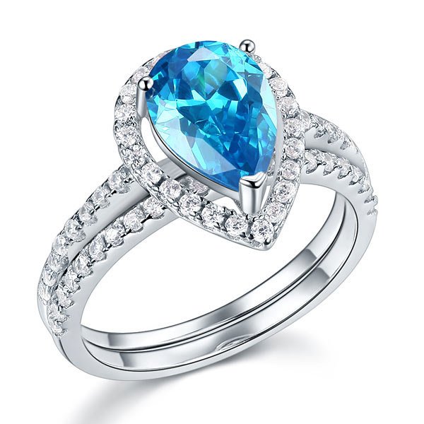 Sterling 925 Silver Bridal Wedding Engagement Ring Set 2 Carat Pear Fancy Blue Created Diamond Jewellery