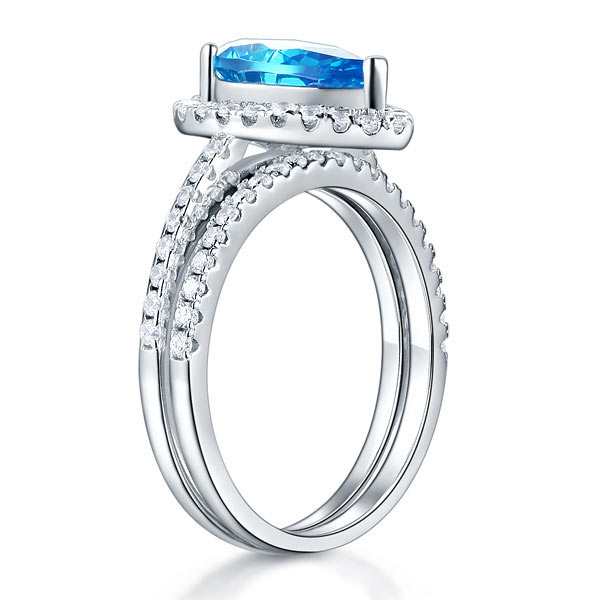 Sterling 925 Silver Bridal Wedding Engagement Ring Set 2 Carat Pear Fancy Blue Created Diamond Jewellery
