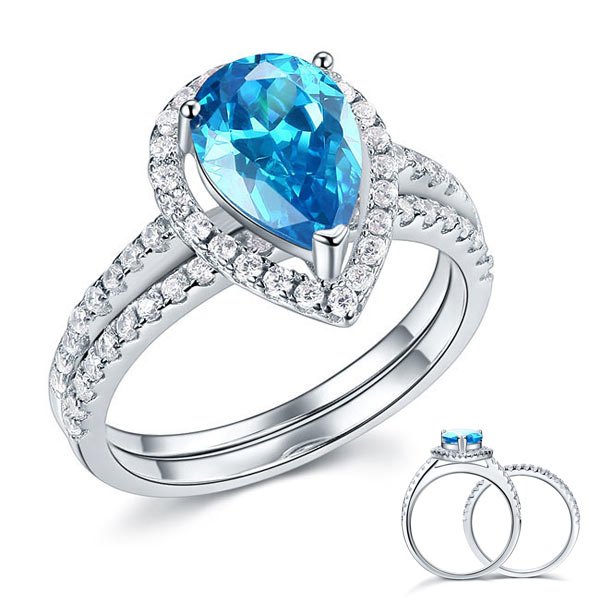 Sterling 925 Silver Bridal Wedding Engagement Ring Set 2 Carat Pear Fancy Blue Created Diamond Jewellery