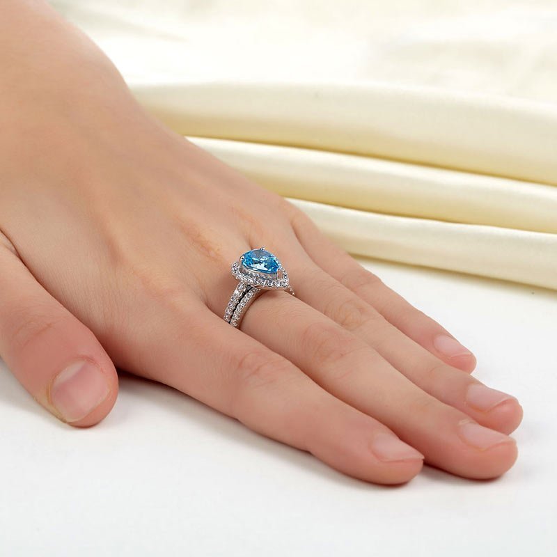 Sterling 925 Silver Bridal Wedding Engagement Ring Set 2 Carat Pear Fancy Blue Created Diamond Jewellery