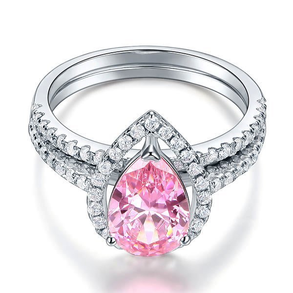 Sterling 925 Silver Bridal Wedding Engagement Ring Set 2 Carat Pear Fancy Pink Created Diamond Jewellery