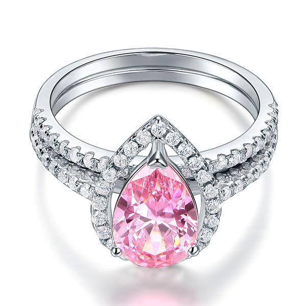 Sterling 925 Silver Bridal Wedding Engagement Ring Set 2 Carat Pear Fancy Ring