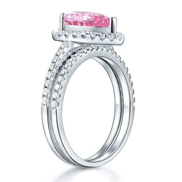 Sterling 925 Silver Bridal Wedding Engagement Ring Set 2 Carat Pear Fancy Pink Created Diamond Jewellery