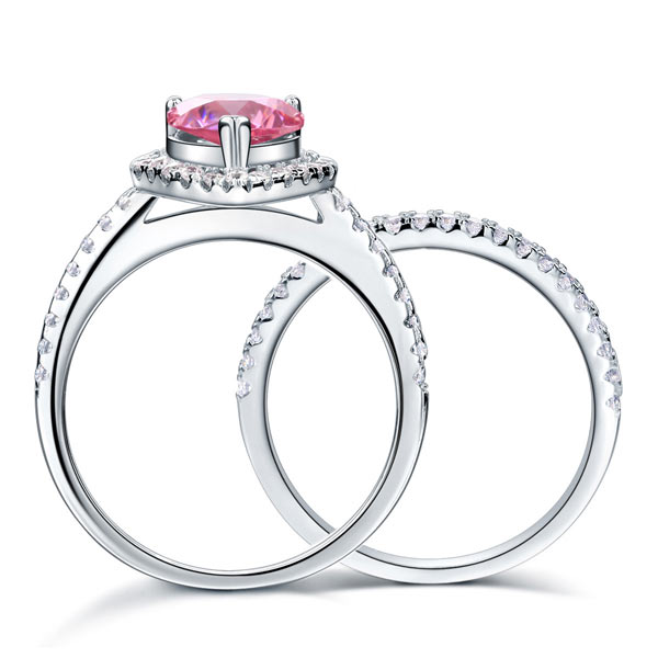 Sterling 925 Silver Bridal Wedding Engagement Ring Set 2 Carat Pear Fancy Pink Created Diamond Jewellery
