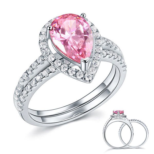 Sterling 925 Silver Bridal Wedding Engagement Ring Set 2 Carat Pear Fancy Pink Created Diamond Jewellery
