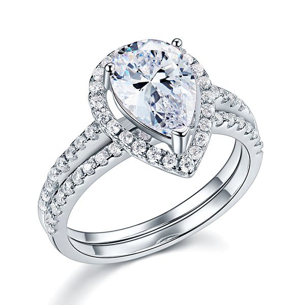 Solid Sterling 925 Silver Bridal Wedding Ring Promise Engagement Ring Set 2 Ct Pear