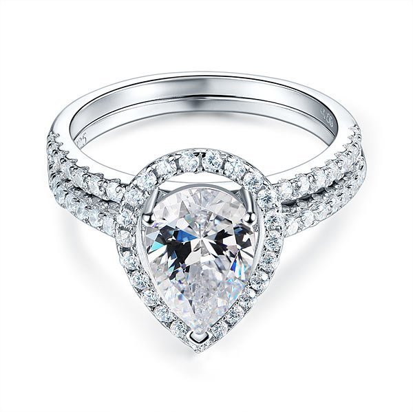 Solid Sterling 925 Silver Bridal Wedding Ring Promise Engagement Ring Set 2 Ct Pear