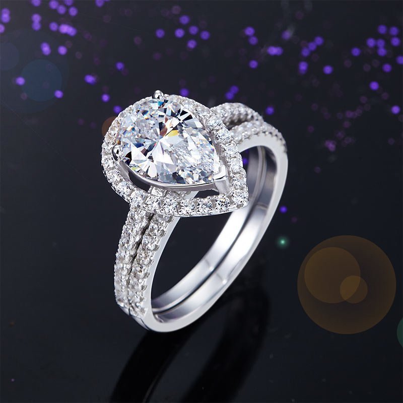Solid Sterling 925 Silver Bridal Wedding Ring Promise Engagement Ring Set 2 Ct Pear