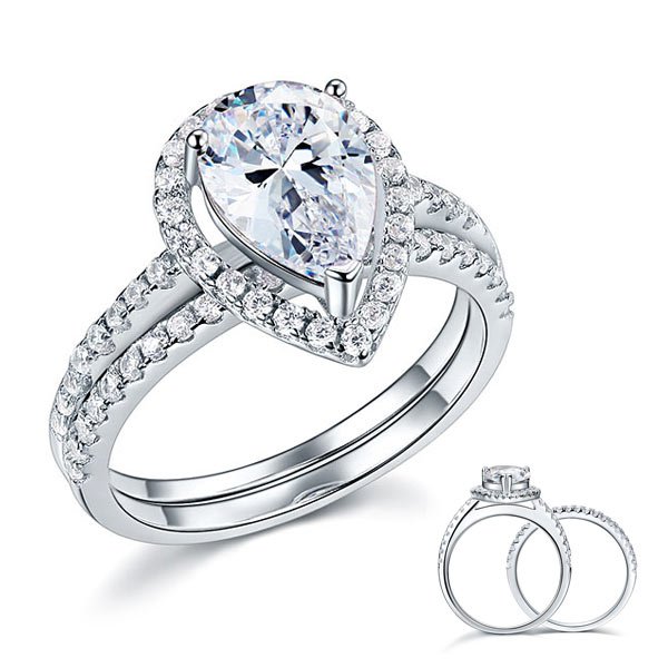 Solid Sterling 925 Silver Bridal Wedding Ring Promise Engagement Ring Set 2 Ct Pear