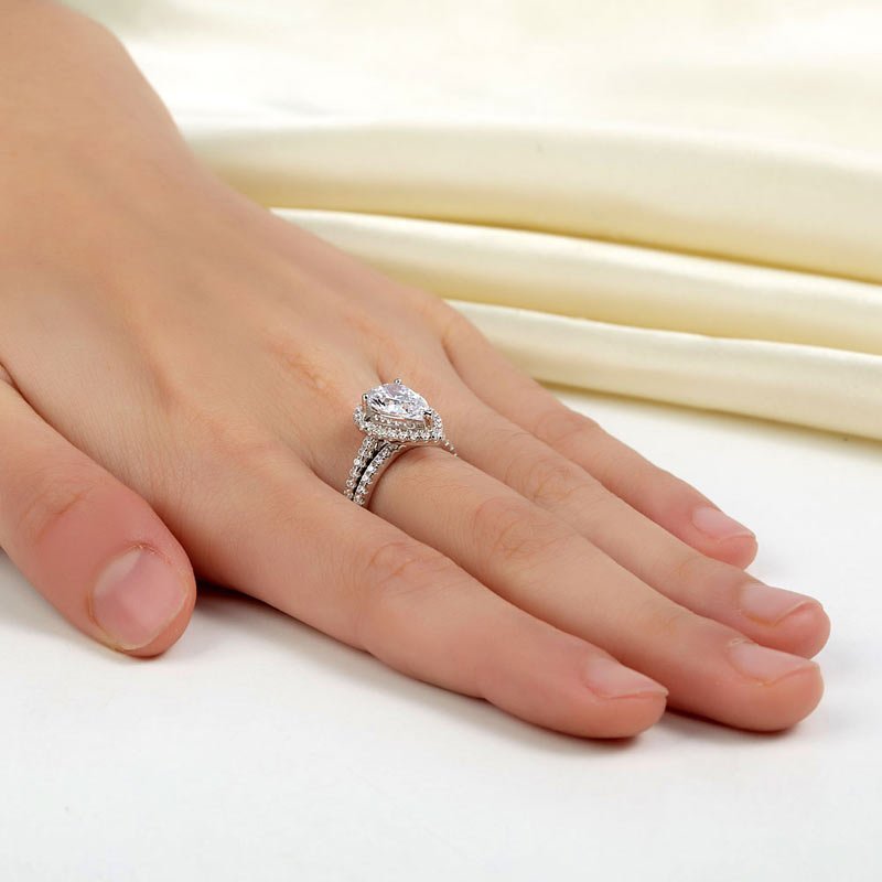 Solid Sterling 925 Silver Bridal Wedding Ring Promise Engagement Ring Set 2 Ct Pear