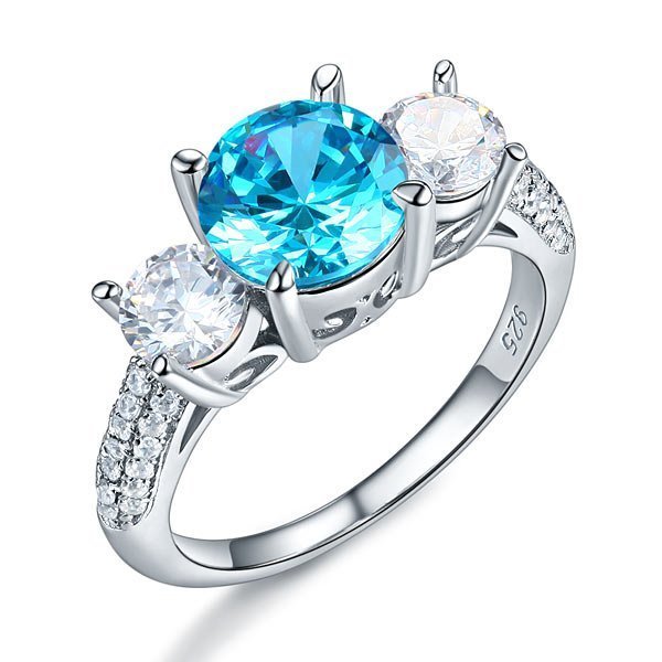 Sterling Silver 3-Stone Bridal Ring 2 Carat Created Blue Diamond Vintage Style Jewellery