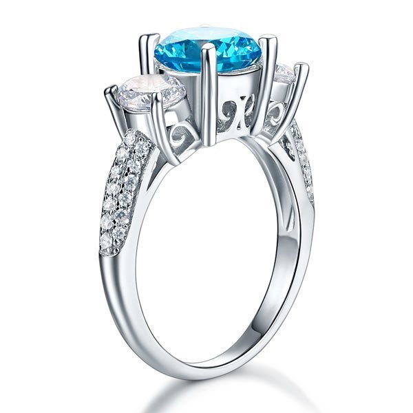 Sterling Silver 3-Stone Bridal Ring 2 Carat Created Blue Diamond Vintage Style Jewellery