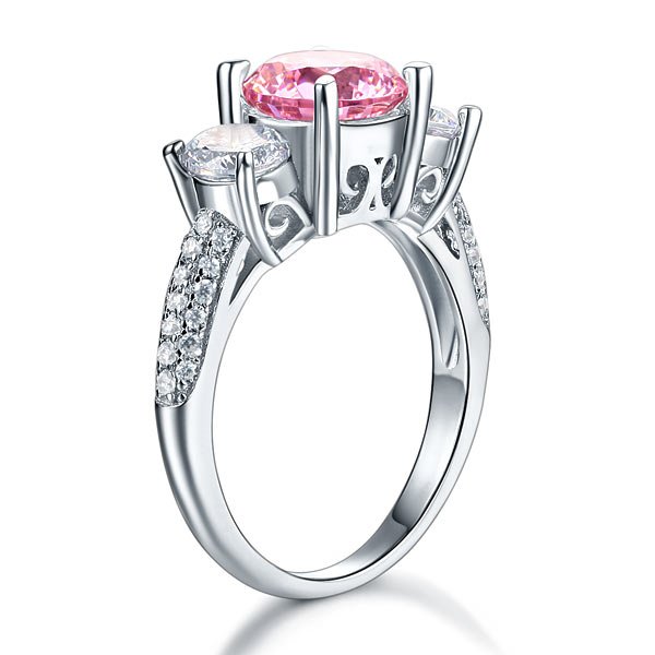 Sterling Silver 3-Stone Wedding Ring 2 Carat Fancy Pink Created Diamond Ring Vintage Style