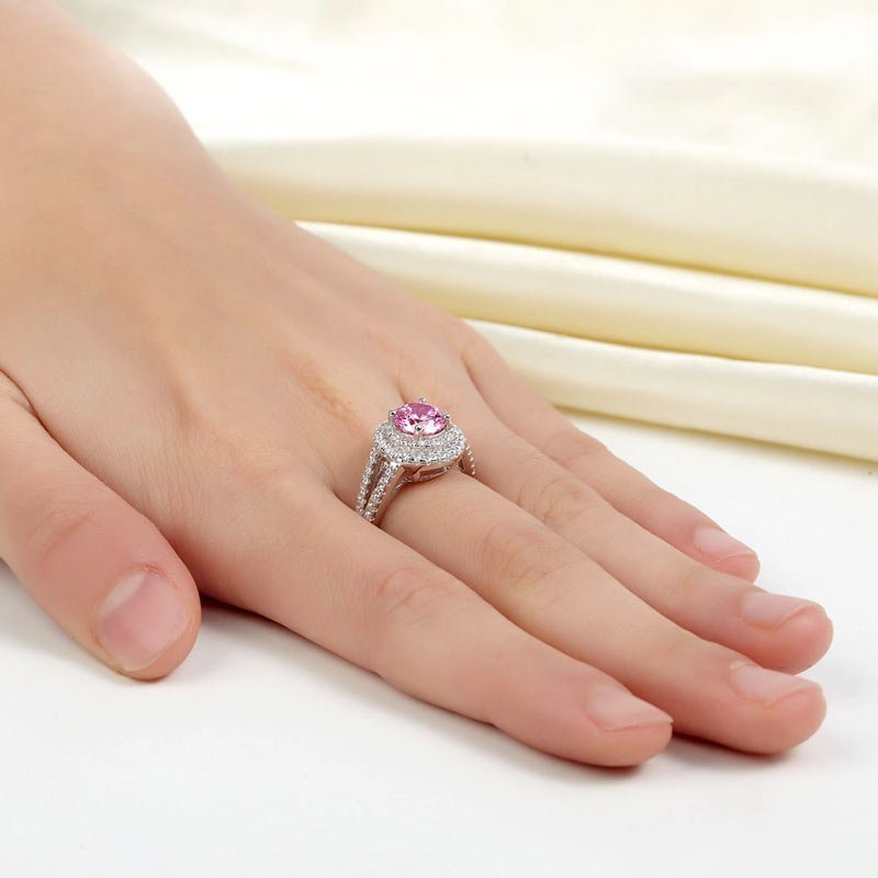 Double Halo 925 Sterling Silver Wedding Engagement Ring 1.25 Ct Fancy Pink Created Diamond Promise Anniversary