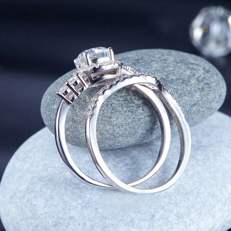 Solid 925 Sterling Silver Wedding Engagement Ring Set Anniversary Art Deco 1 Ct