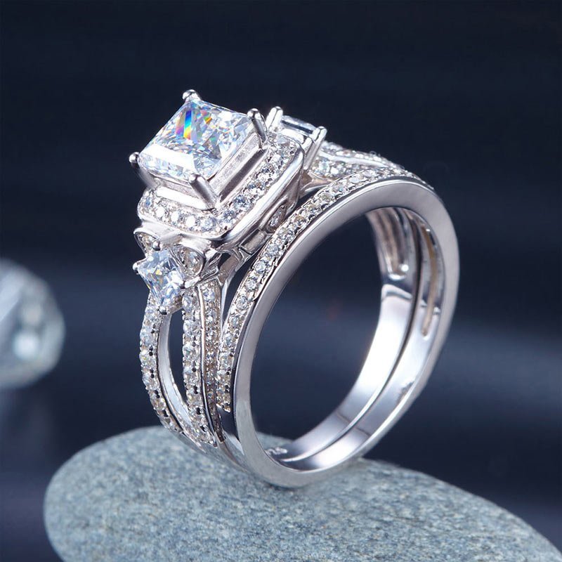 Princess Cut 925 Sterling Silver Wedding Engagement Ring Set Anniversary