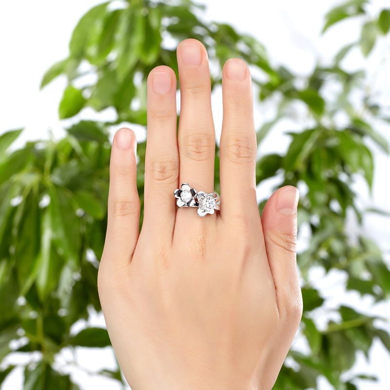 Solid 925 Sterling Silver 2 Pcs Butterfly Flower Ring Set Lady Jewellery