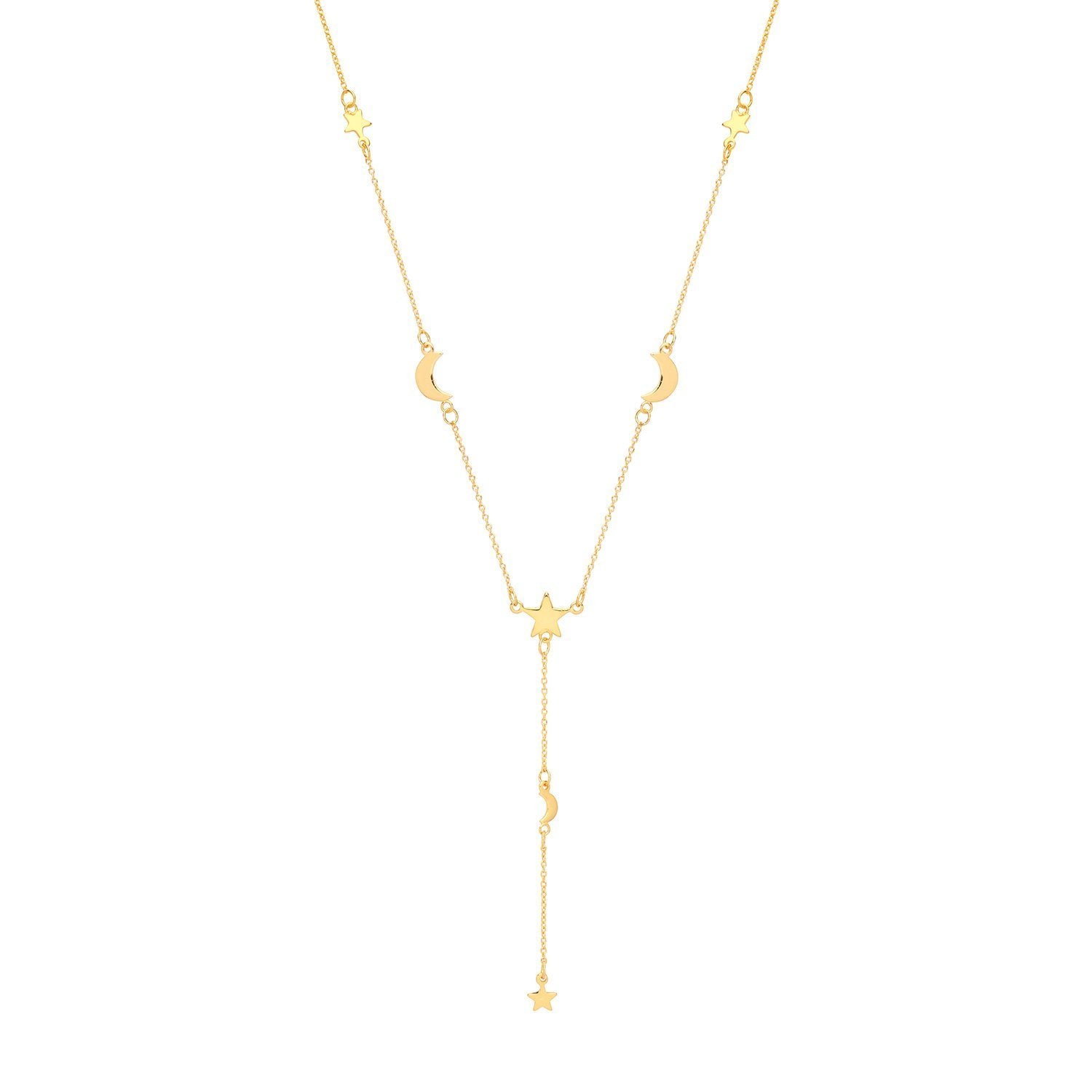 Silver Ladies Yellow Gold Plated Moon & Star Necklet