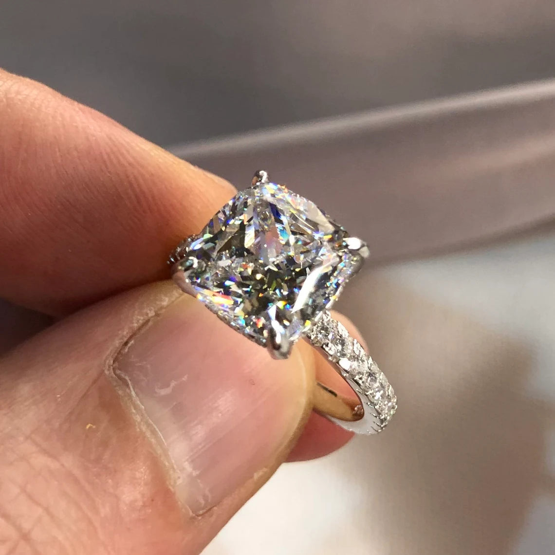 5 Carat Cushion Cut Created Diamond Solid 925 Sterling Silver Wedding Engagement Promise Ring