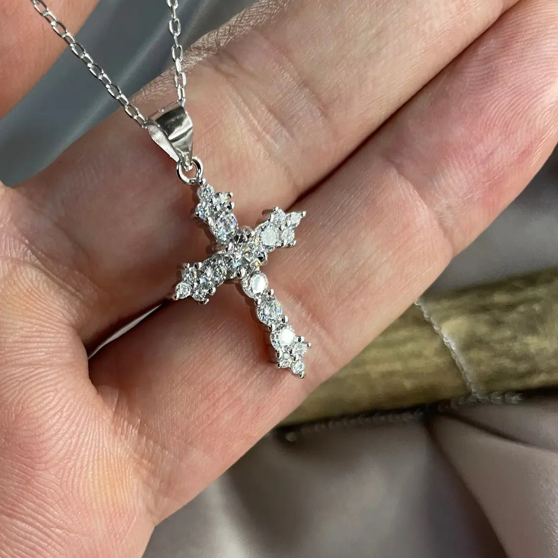Created Diamond Cross Pendant Necklace: 925 Sterling Silver, Round Cut limanilondon