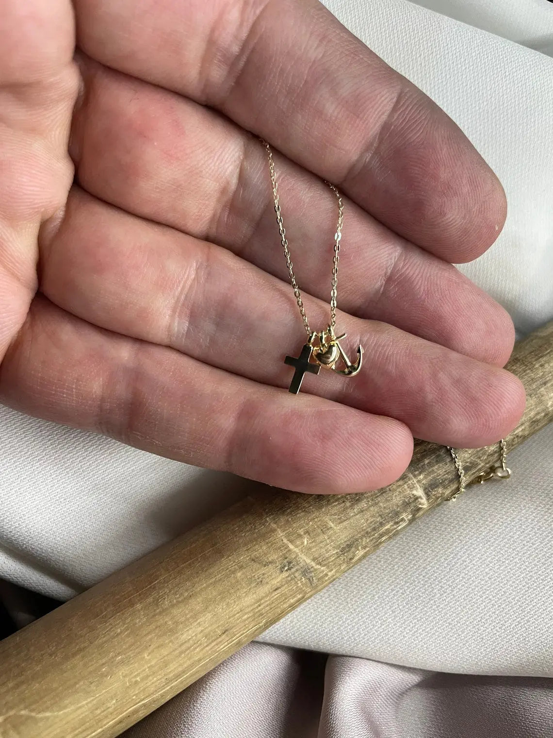 Genuine 9CT Yellow Gold Cross & Heart and Anchor Necklet - Gift Boxed limanilondon