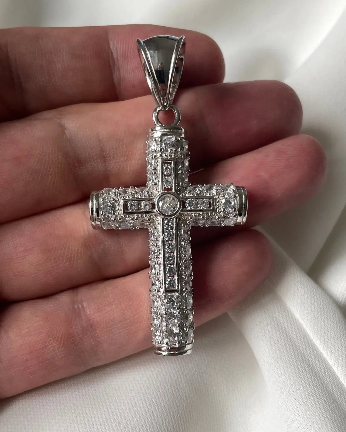 Sterling Silver CZ Cross Pendant - Large Gift Boxed limanilondon