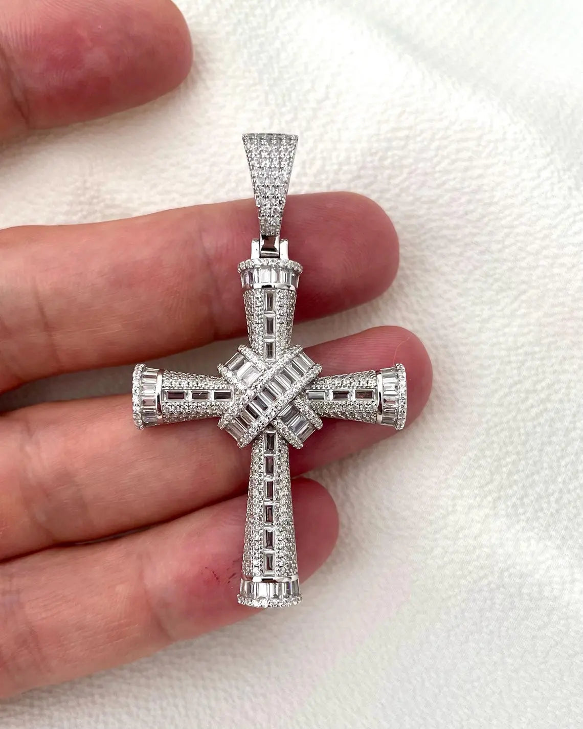 Sterling Silver CZ Cross Pendant - Baguette Cut Stone, Gift Boxed limanilondon